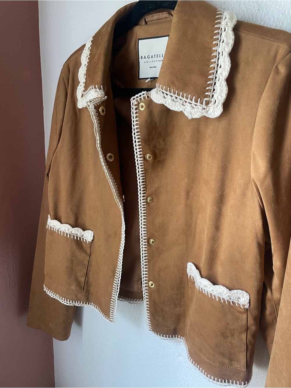 bagatelle Tan Suede Crochet-Trim Cropped Jacket - Picture 3 of 4